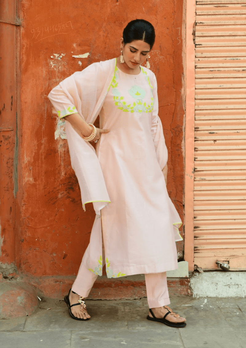 Baby Pink Handloom Chanderi Suit Set