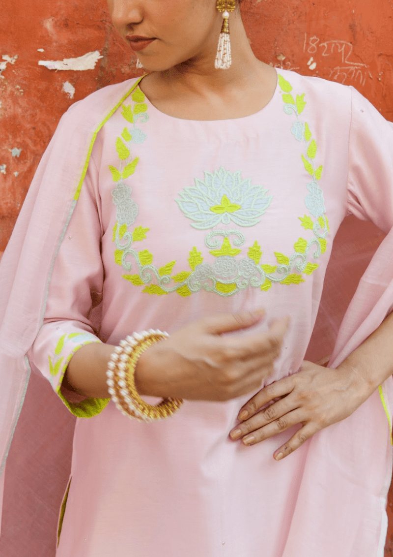 Baby Pink Handloom Chanderi Suit Set