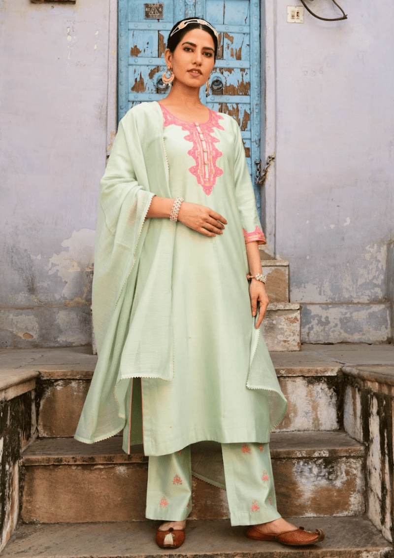 Mint Green Handloom Chanderi Suit Set