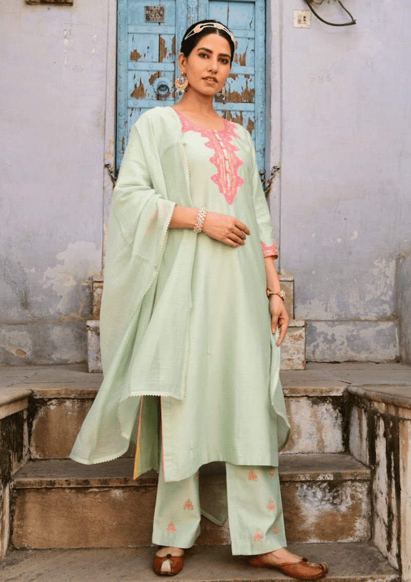 Mint Green Handloom Chanderi Suit Set